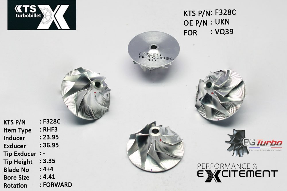 Turbo ROUE FORGÉE MFS PERFORMANCE - 4+4 PALES - INDUCER : 23,95 - EXDUCER : 36,95 - TYPE : RHF3ANGLE : 50° - ROTATION : Forward - SUPER BACK : 1,06 - BORE SIZE : 4,41

